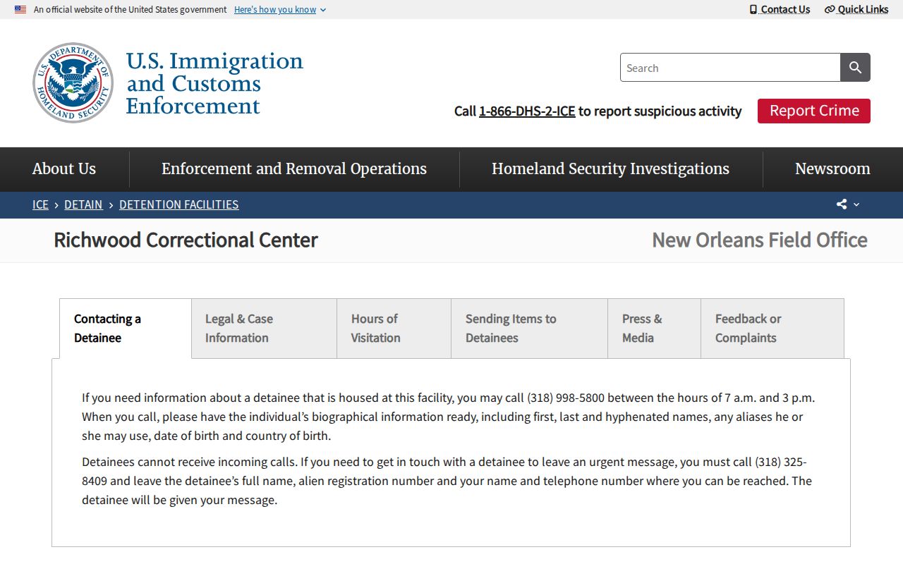 Richwood Correctional Center ICE release source page